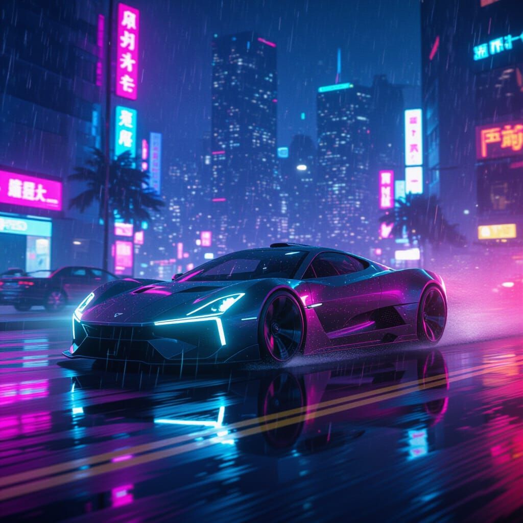 Futuristic Car Speeding Through Neon Rainstorm