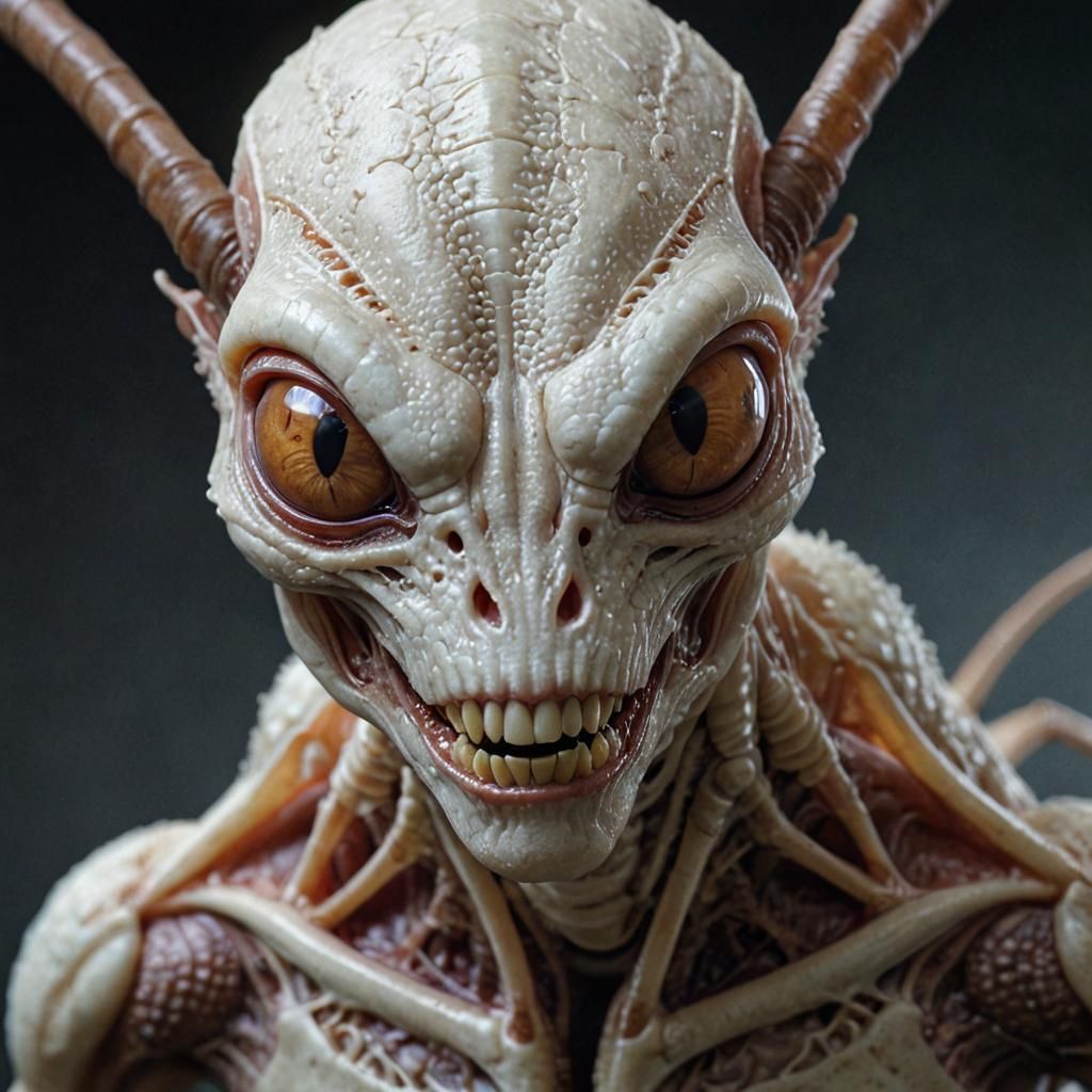 a Highly advanced anthropomorphous biological albino alien/Dinoponera gigantea ant hybrid with wide bone plated head scu...