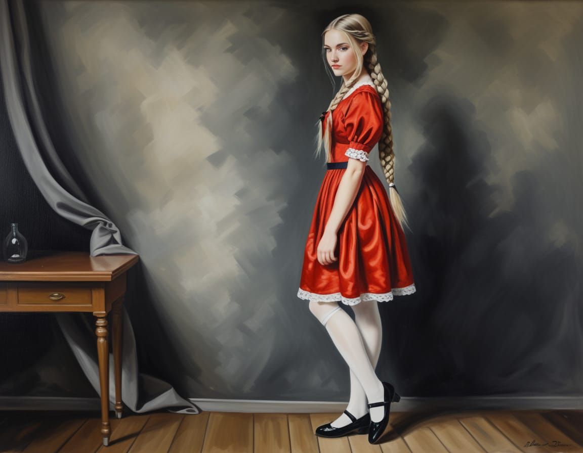 Girl in Red Dress: Full-Length Oil Painting