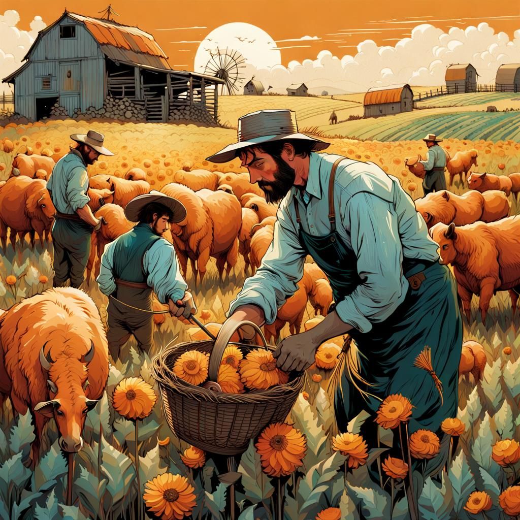 Farmers Working: Luminous Digital Painting