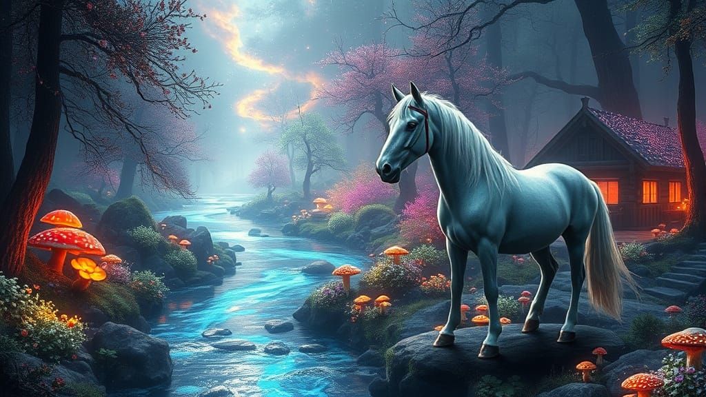 Cosmic River Blacksmith in Bioluminescent Forest