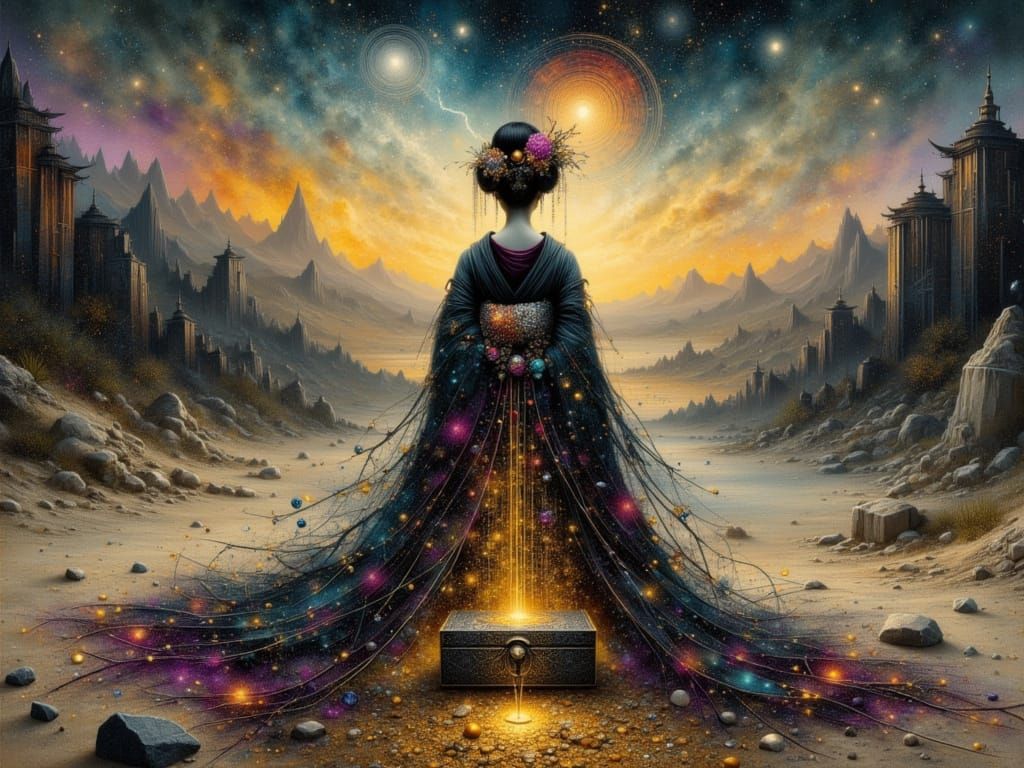 Geisha and Treasure Chest in Surreal Style
