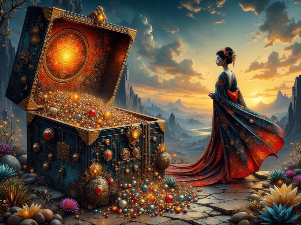 Geisha and Treasure Chest in Rococo Style