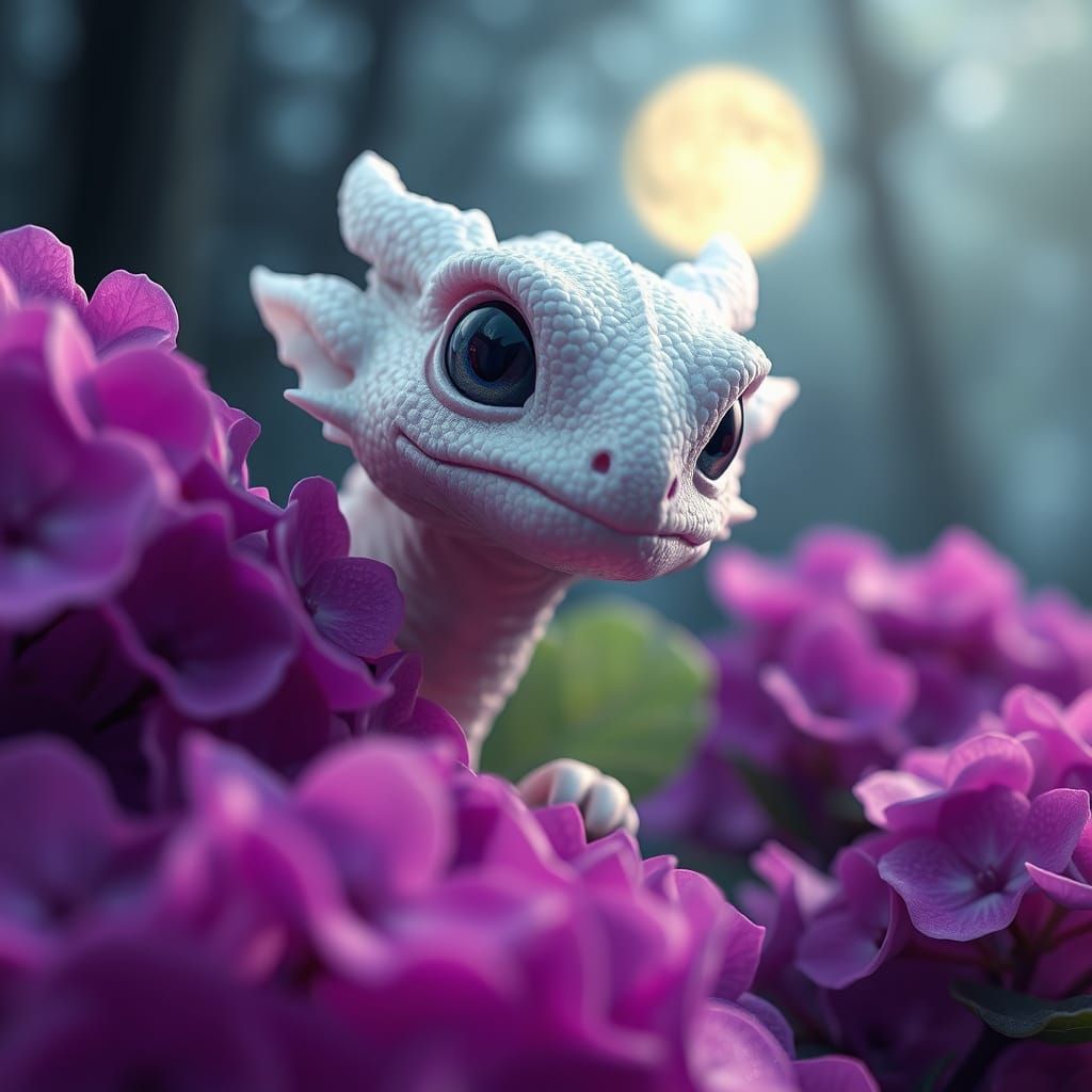 Pearlescent Dragon in Hydrangeas, Comic Book Art