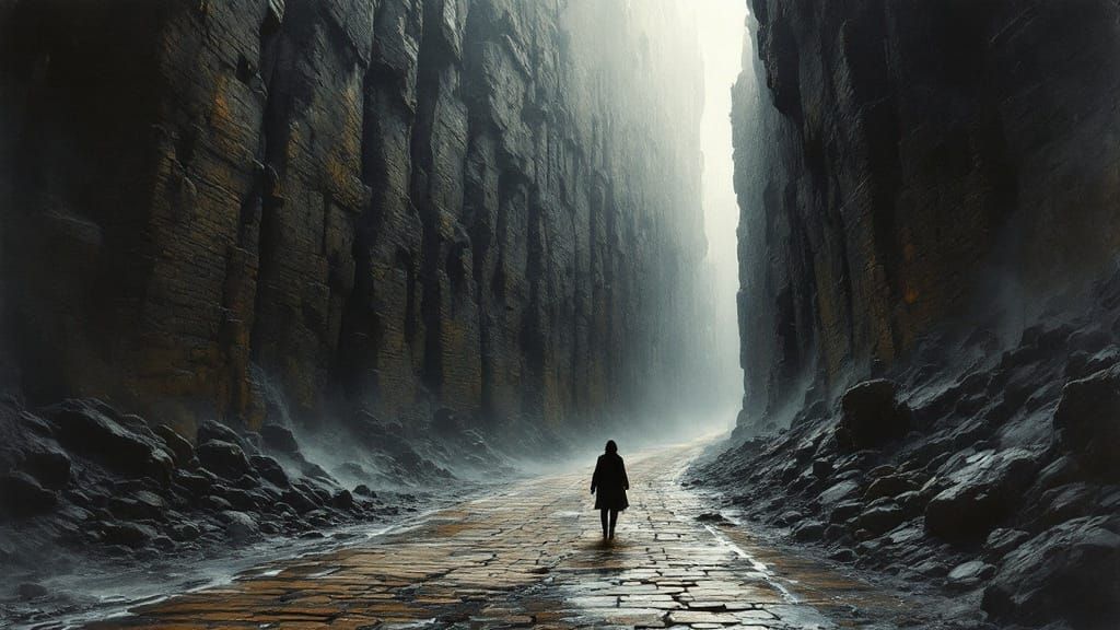 Dark Art Deco Minescape with Brick Road and Mysterious Surro...