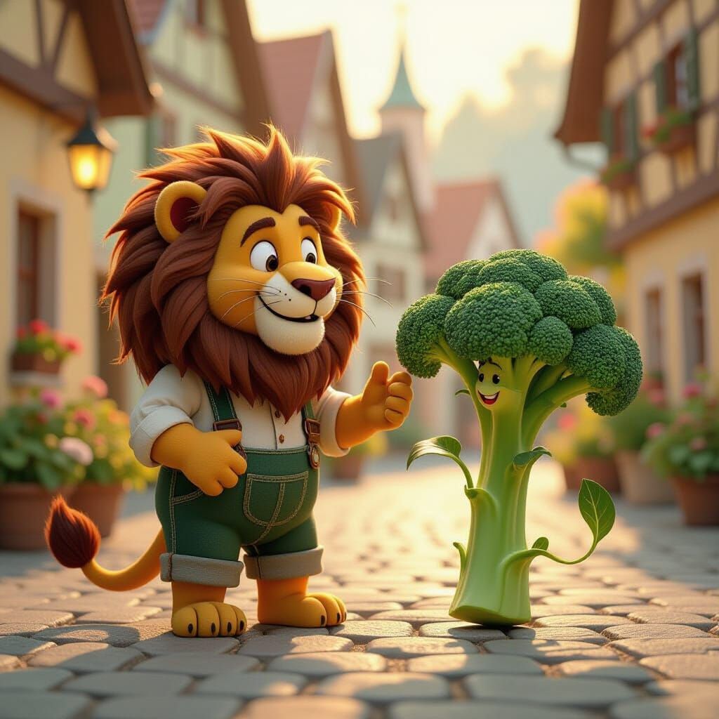 Lion Seduces Broccoli in Village Square, Norman Rockwell Sty...