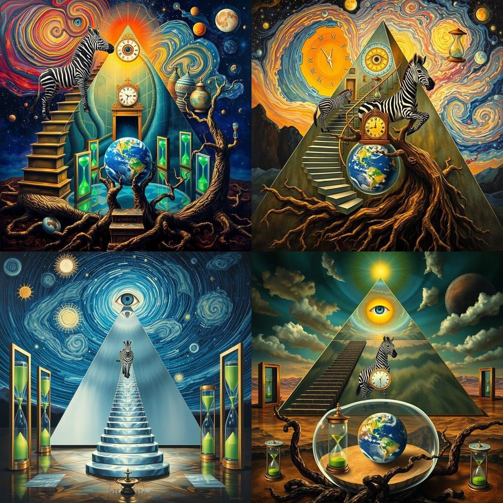 Surreal Mirrored Pyramid with Glowing Eye and Crystal Zebra