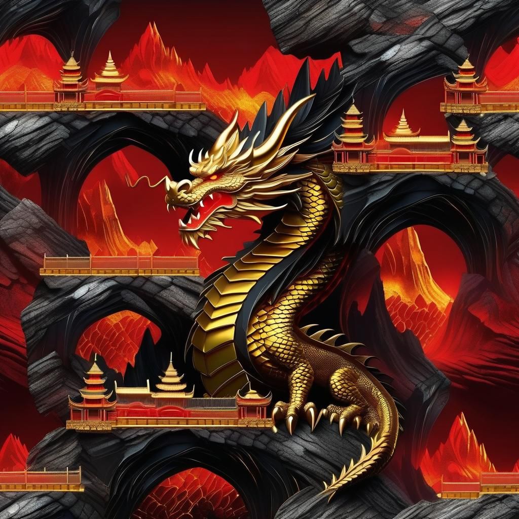 Red and Black Dragon Guarding Gold Cave