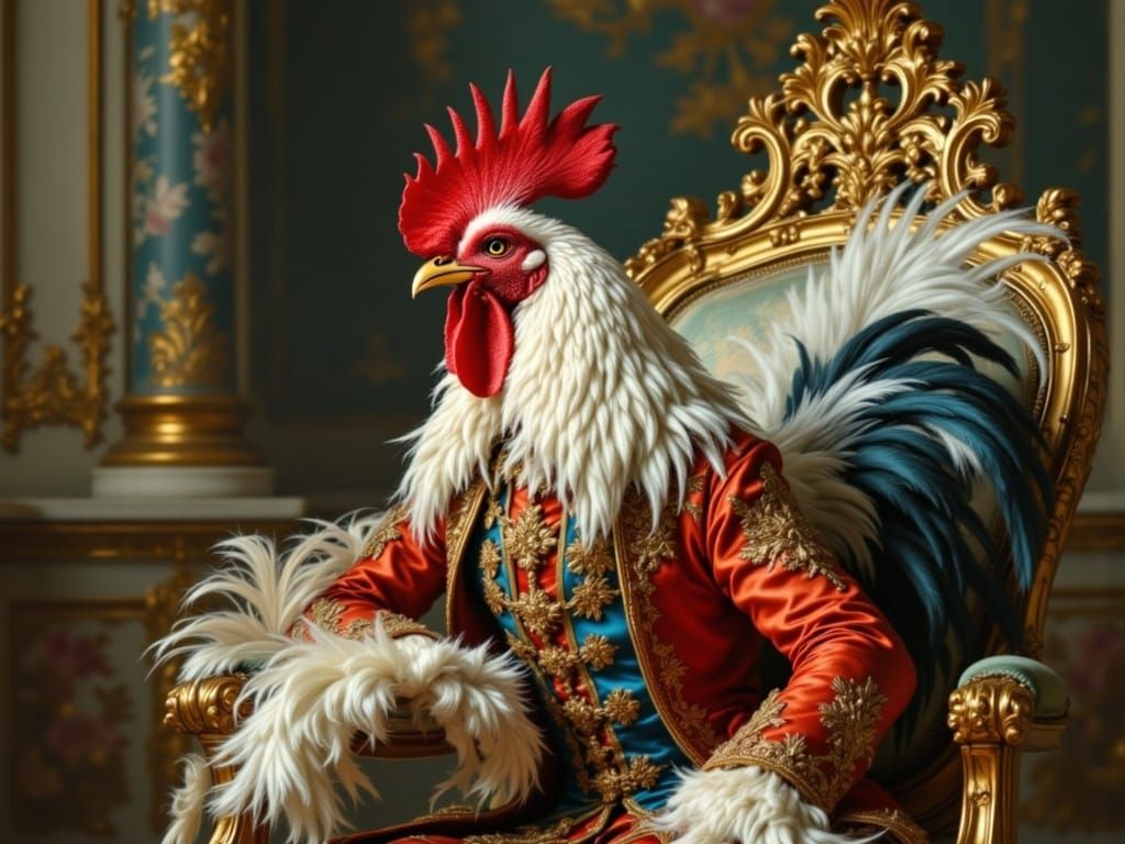 Regal Rococo Rooster Basks in Morning Glory