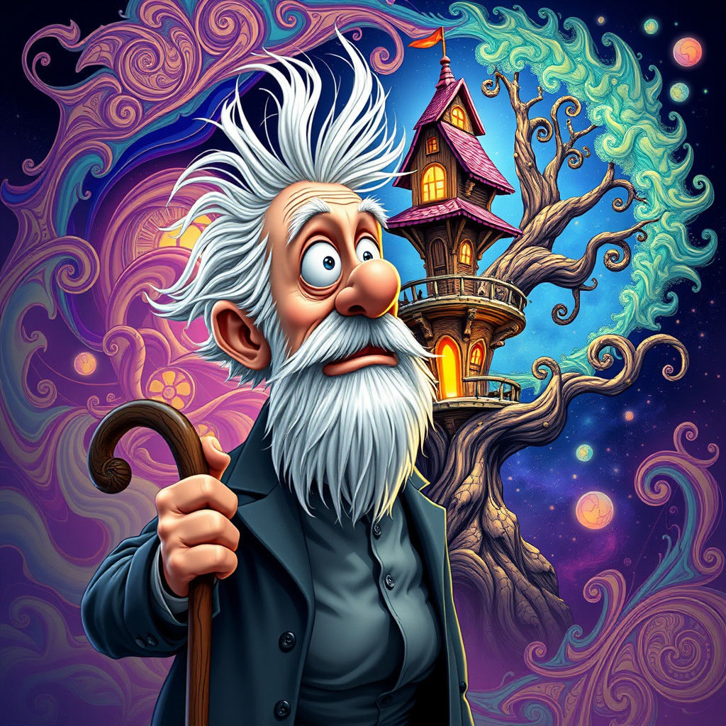 Bewildered Man and Luminous Treehouse in 3D Illustration