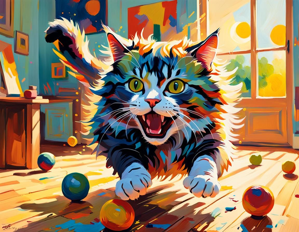 Fauvist Cat Pouncing in Sunlit Room