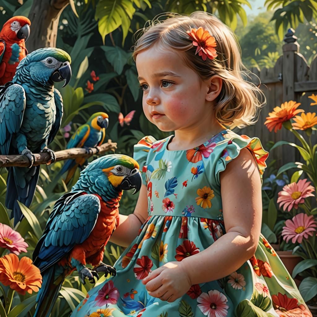 Toddler and Parrot in Hyperrealistic Garden Scene
