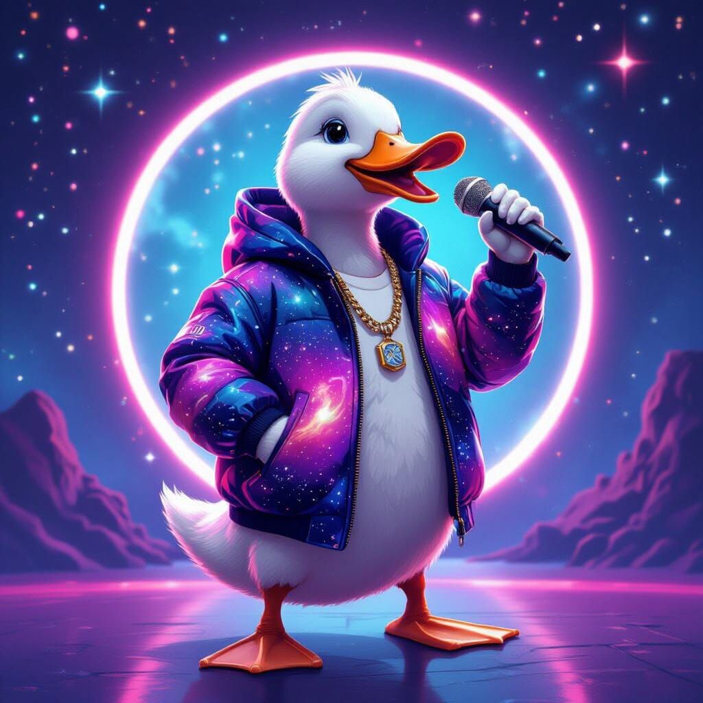 Cosmic Duck Rapper in Starry Neon Space