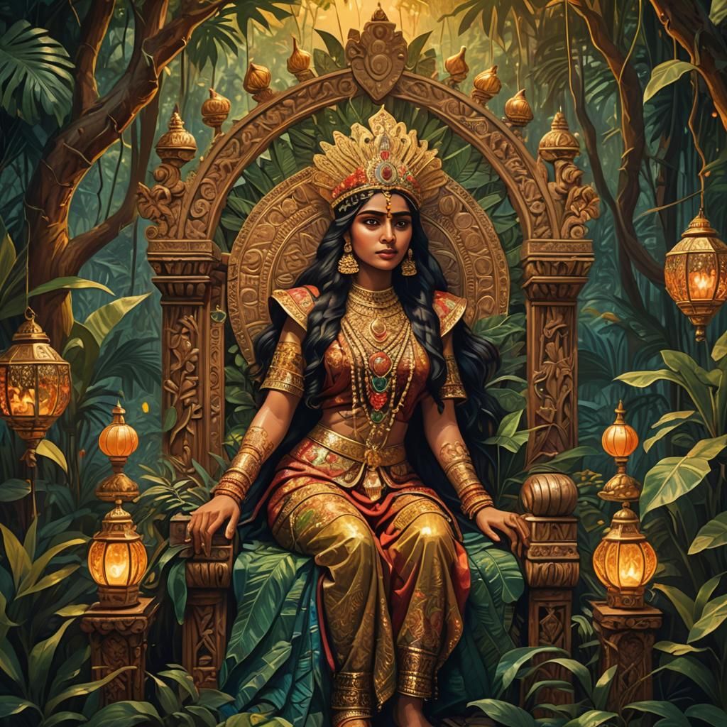 Woman on Jungle Throne: Impressionist Digital Art