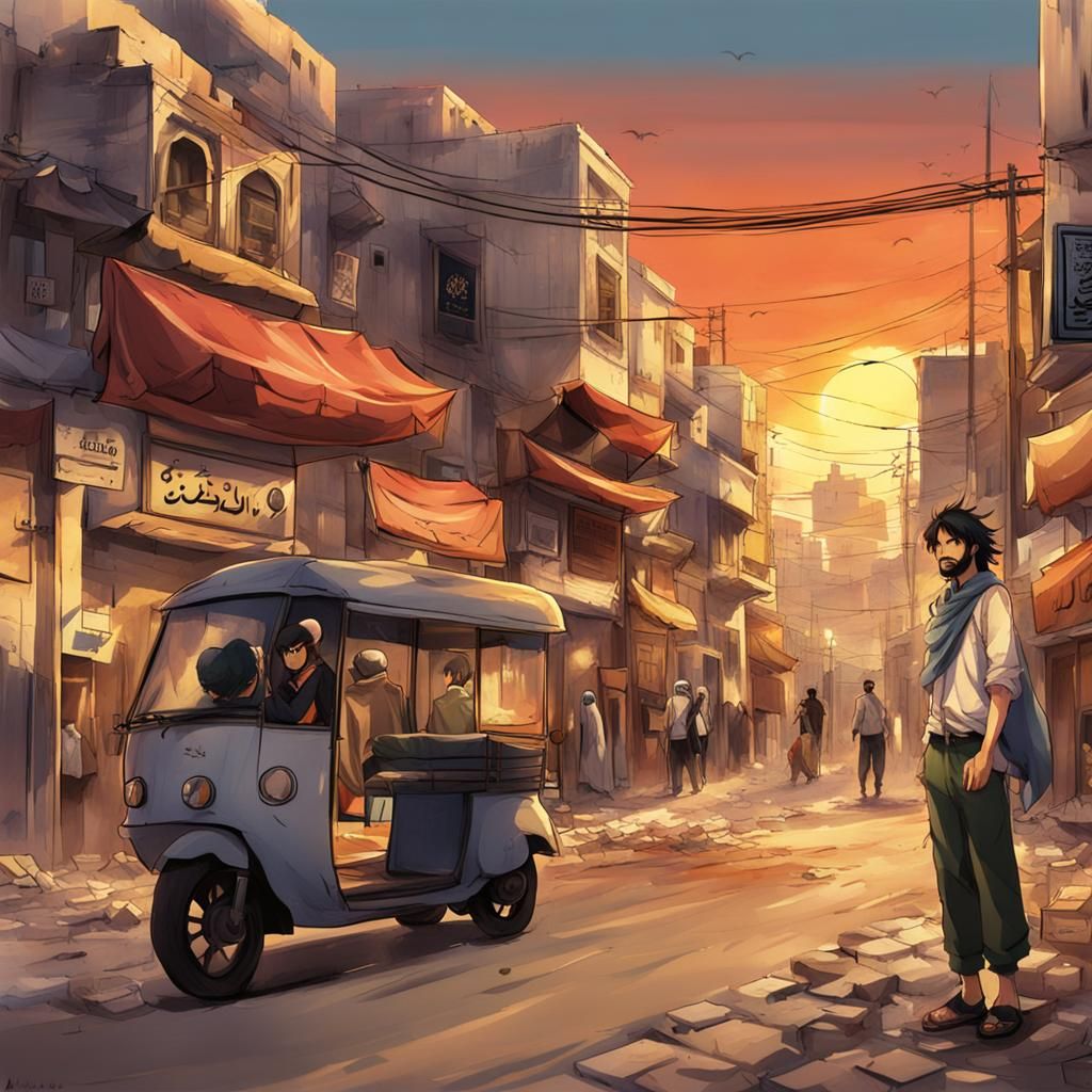 Arab Outlaw in Lebanese Town at Sundown: Anime Style