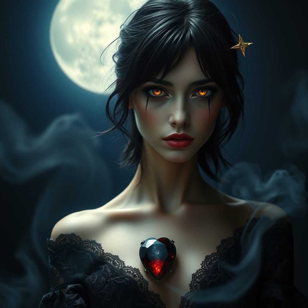Mysterious Woman with Amber Eyes in Gothic Setting