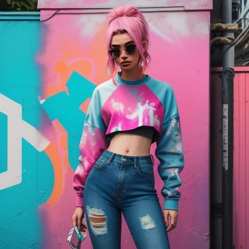 Vibrant Punk Goddess in Sunlit Alleyway