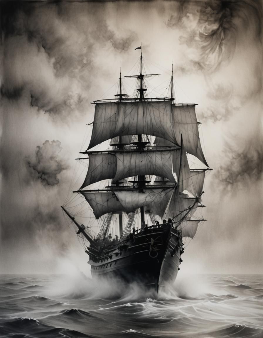 Ghostly Sailing Vessel Dissolving: Black Ink Painting