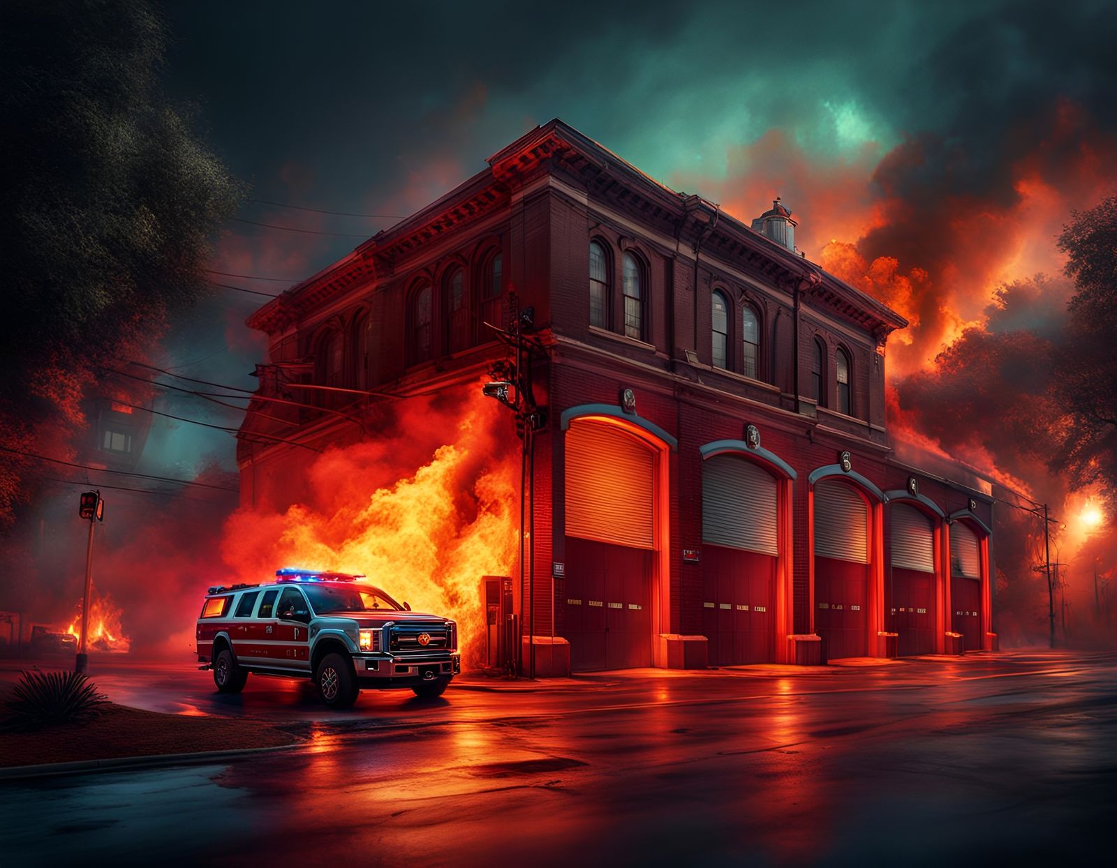 Burning Fire Station Digital Illustration