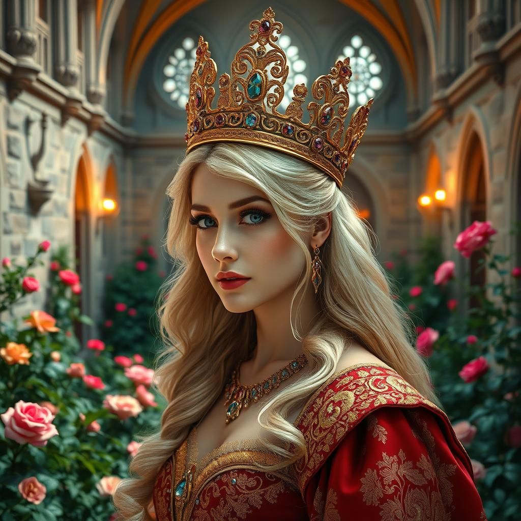 Regal Blonde Queen in Rose Garden Portrait