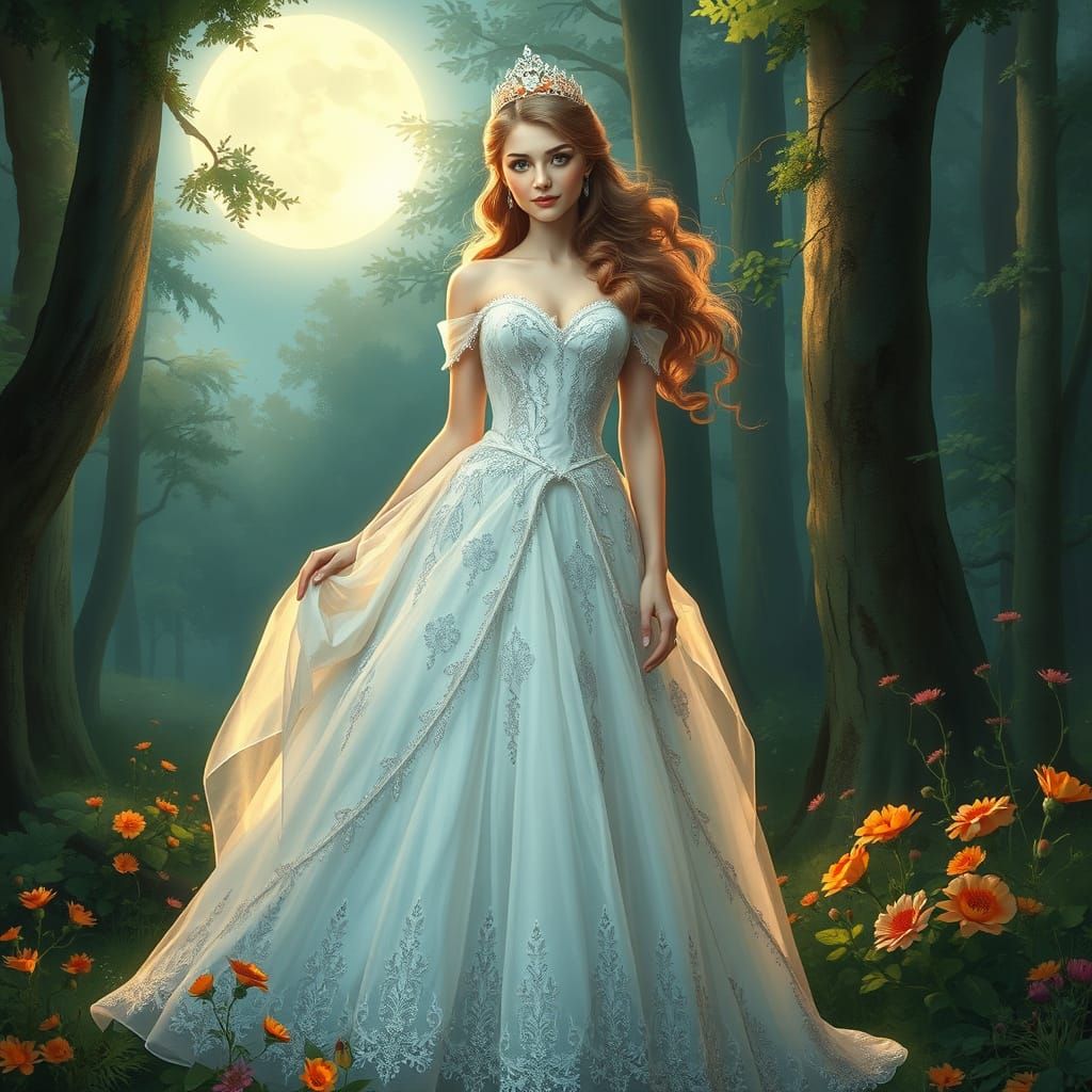 Regal Princess Aurora in Enchanted Moonlit Forest