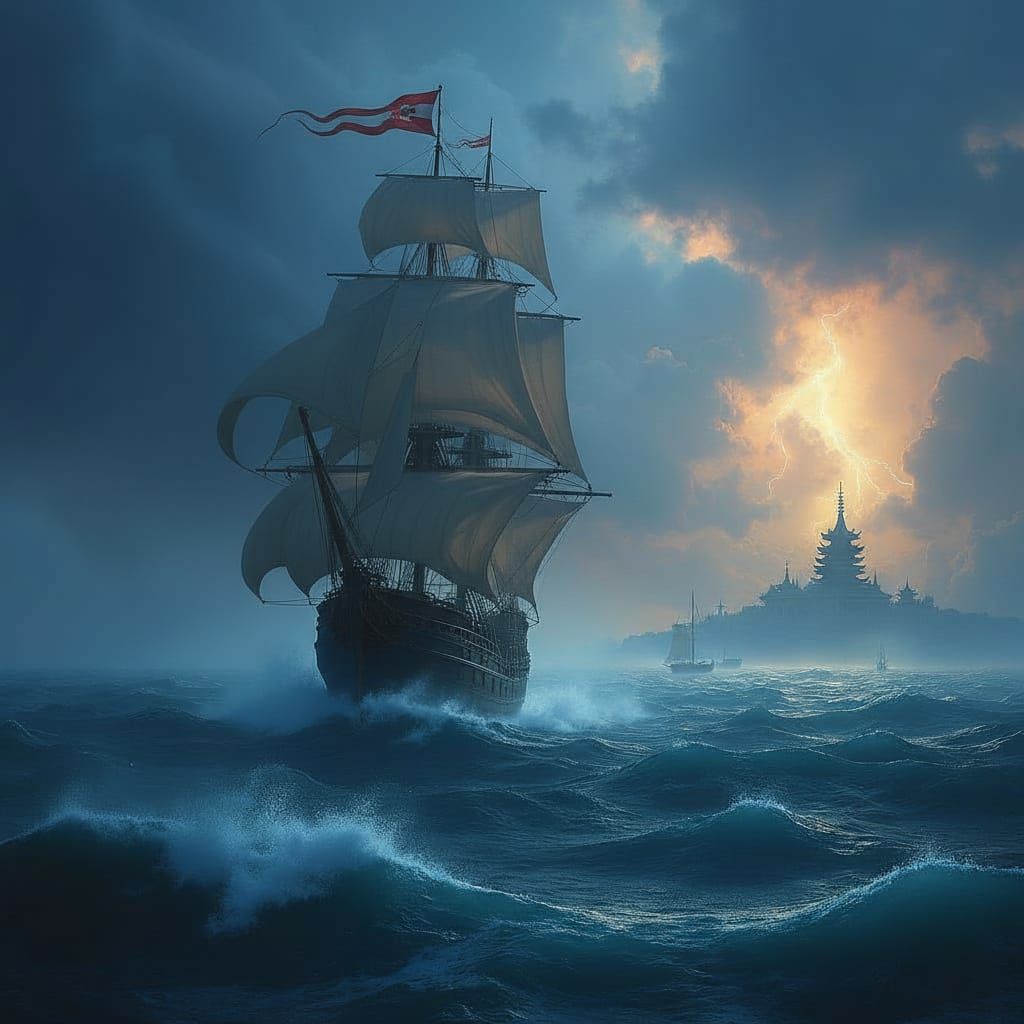 Stormy Seas: Three-Masted Ship in Fantasy Landscape