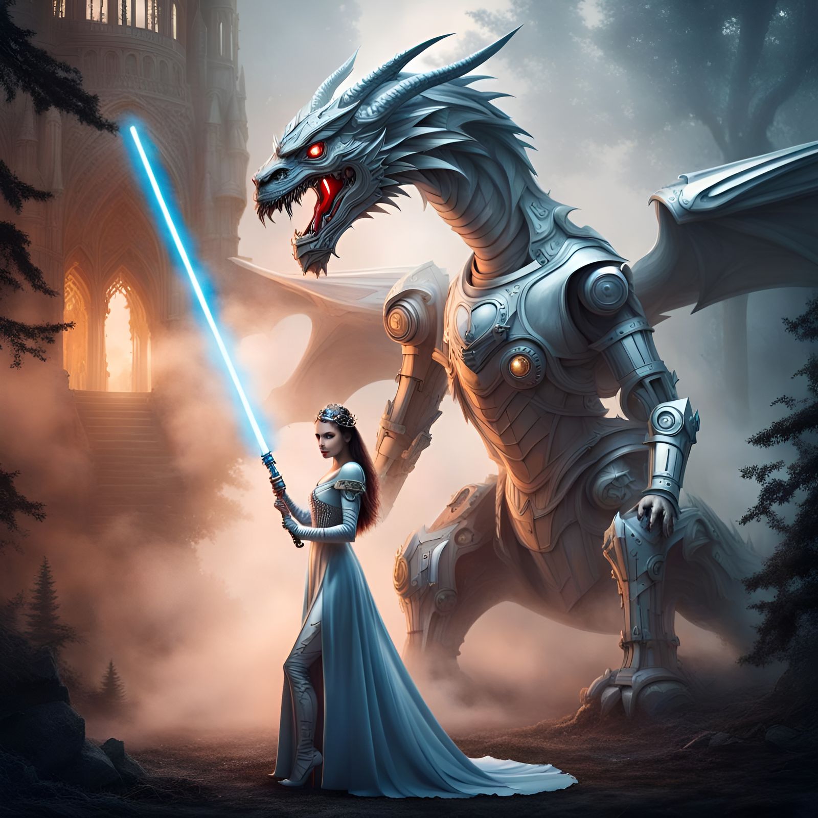 Medieval Princess Battles Robot Dragon with Lightsaber