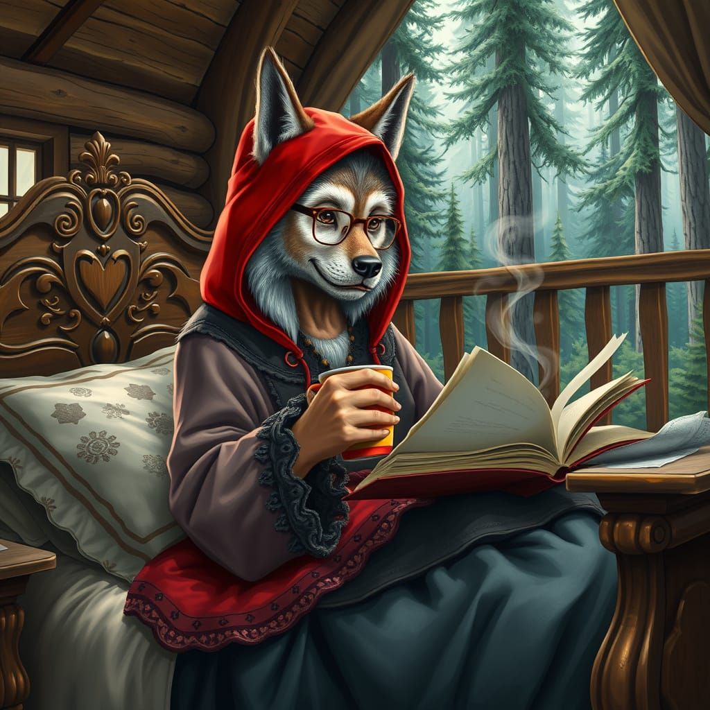 Wisdom of the Forest Wolf Grandmother in a Cozy Cabin Scene