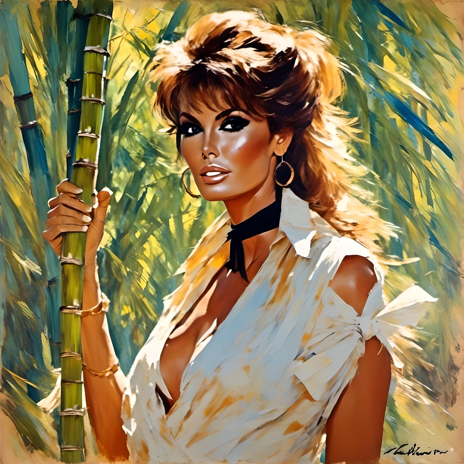 Impressionist Raquel Welch Portrait in Bamboo Forest