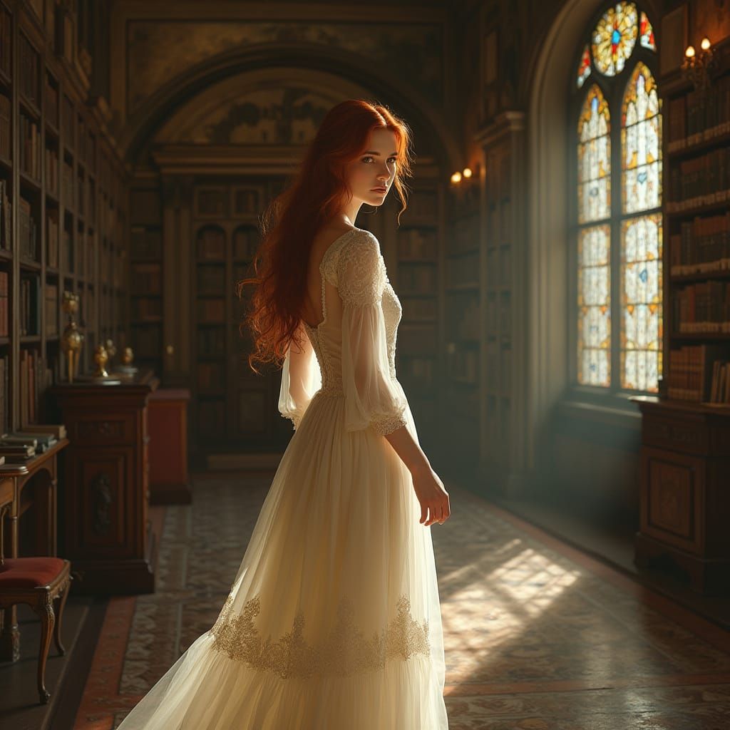 Elegant Lady in a Grand Library