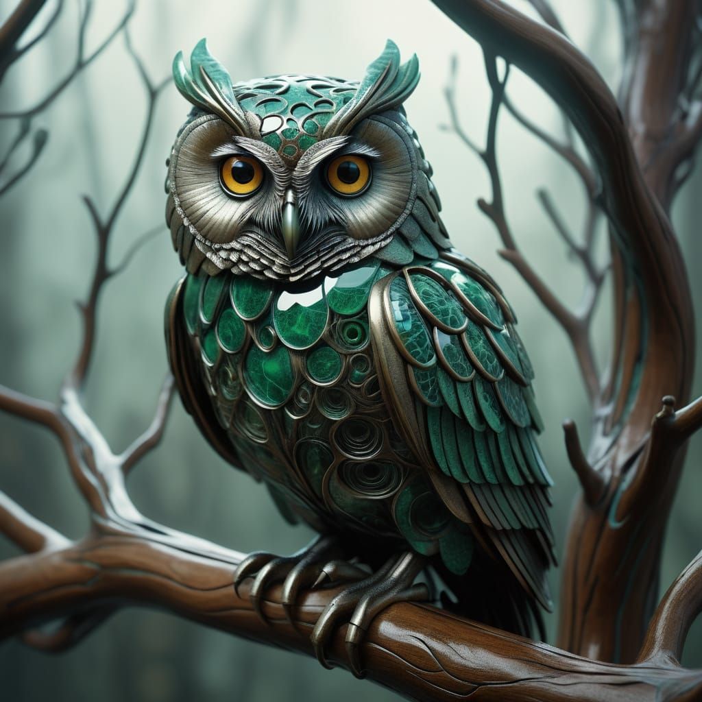 Malachite Owl: Biomorphic Root Network Art