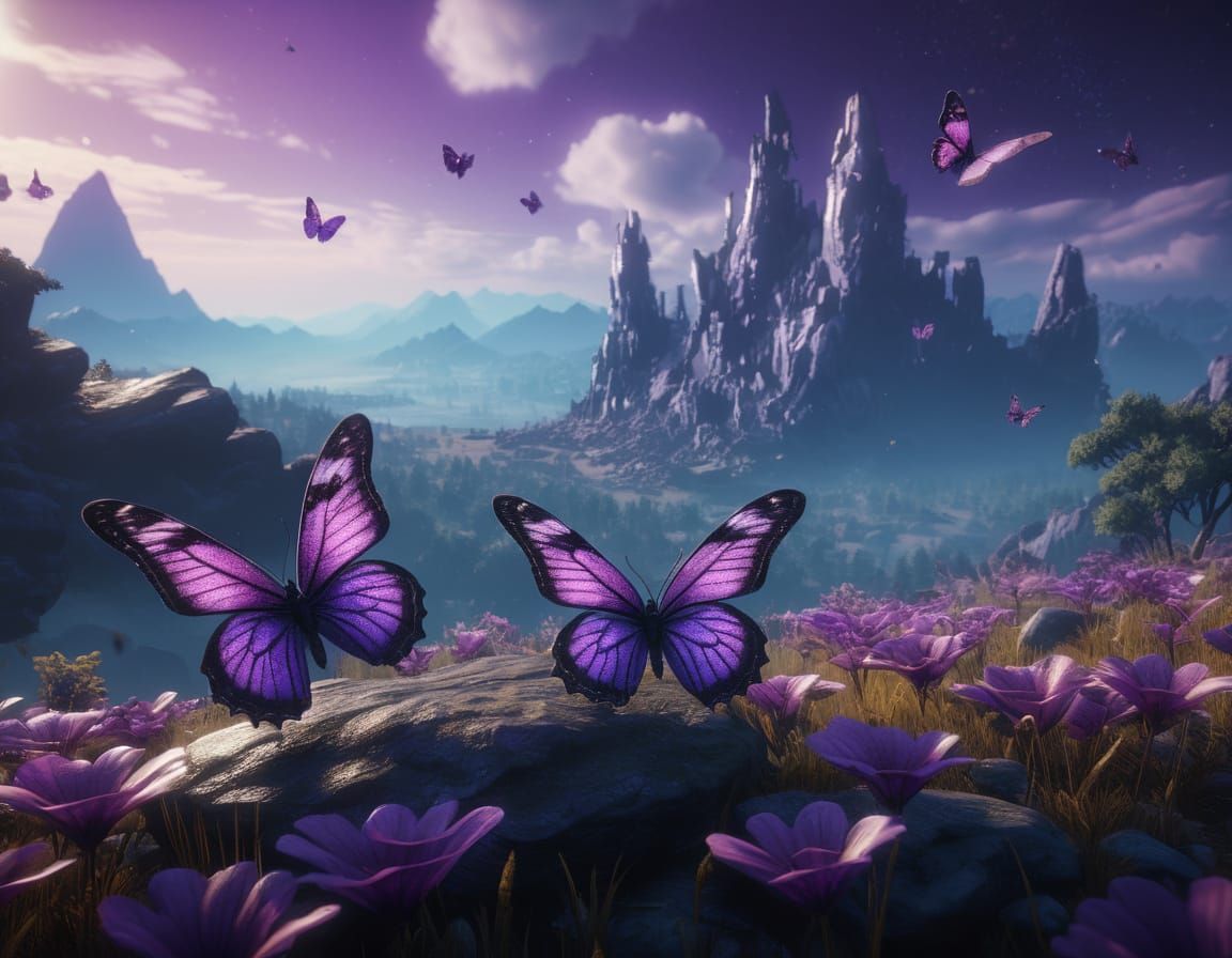 Ethereal Purple Butterflies in a Moody Purple Sky
