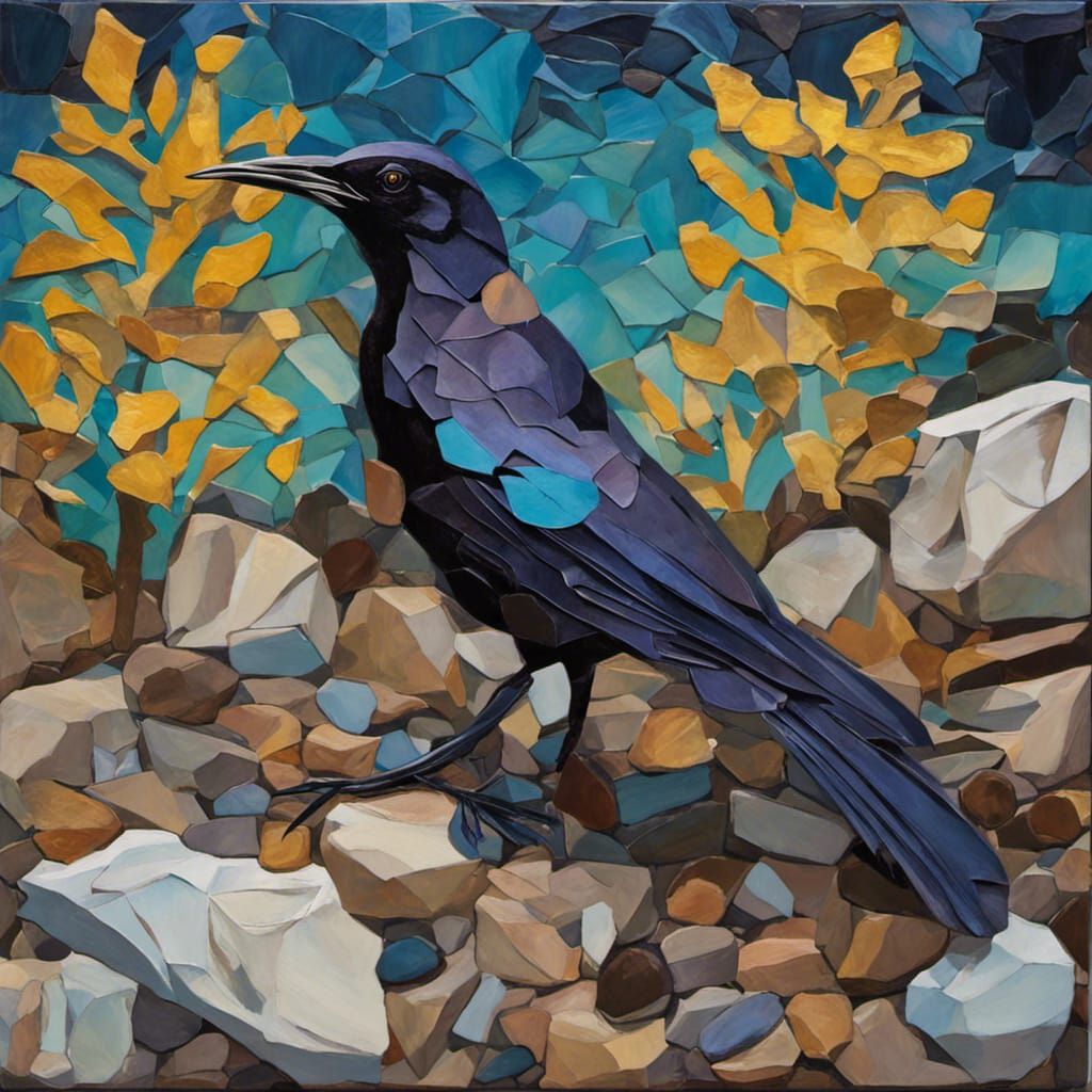 Grackle Bird on Forest Floor in Neo-Impressionist Style