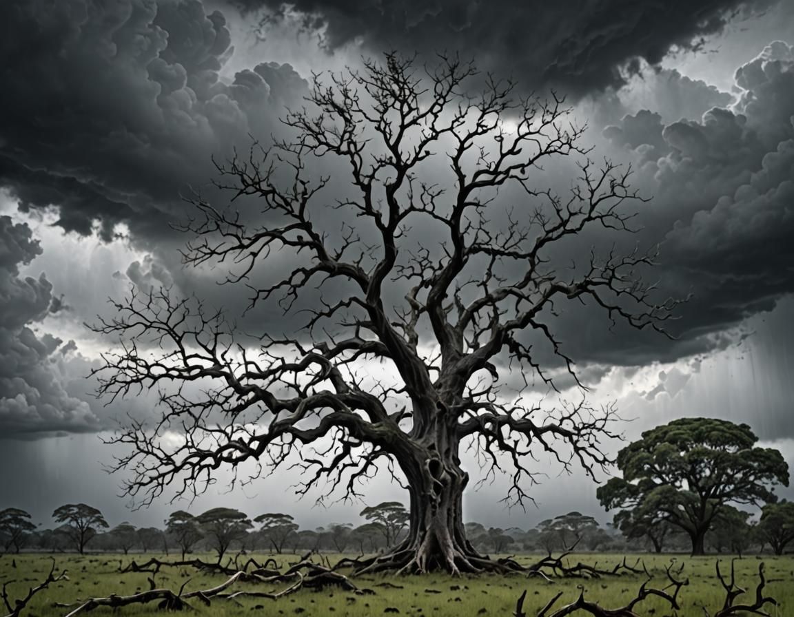 Monochrome Landscape with Bare Tree