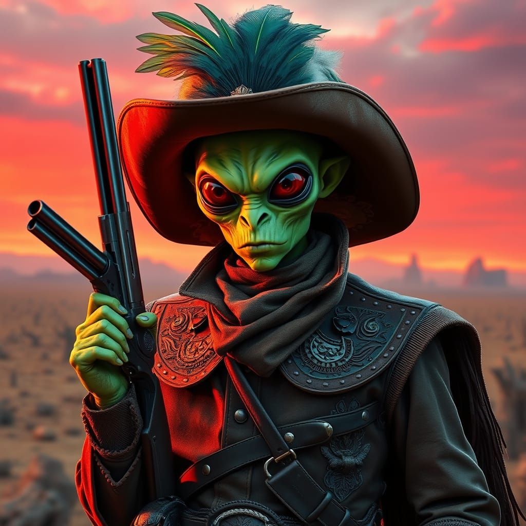A dark fantasy illustration of an alien cowboy with a mesmerizing green complexion, large eyes, and an eye-catching wide...