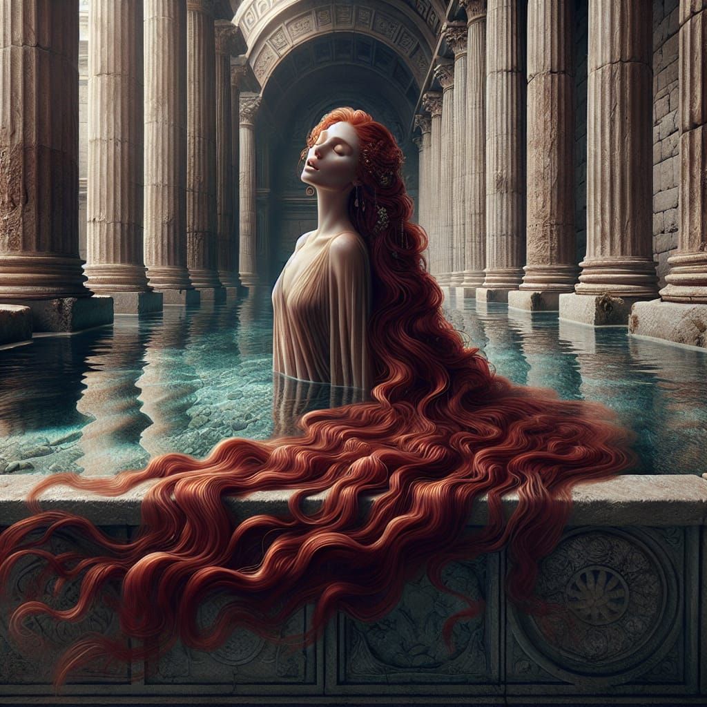 Woman Bathes in Greek Temple: Pre-Raphaelite Style