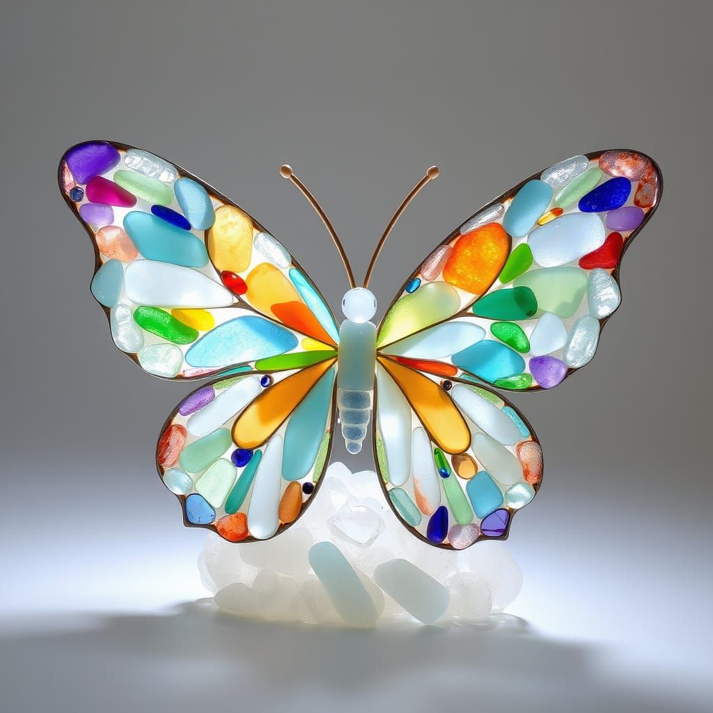 Sea Glass Butterfly Sculpture Gleaming with Light
