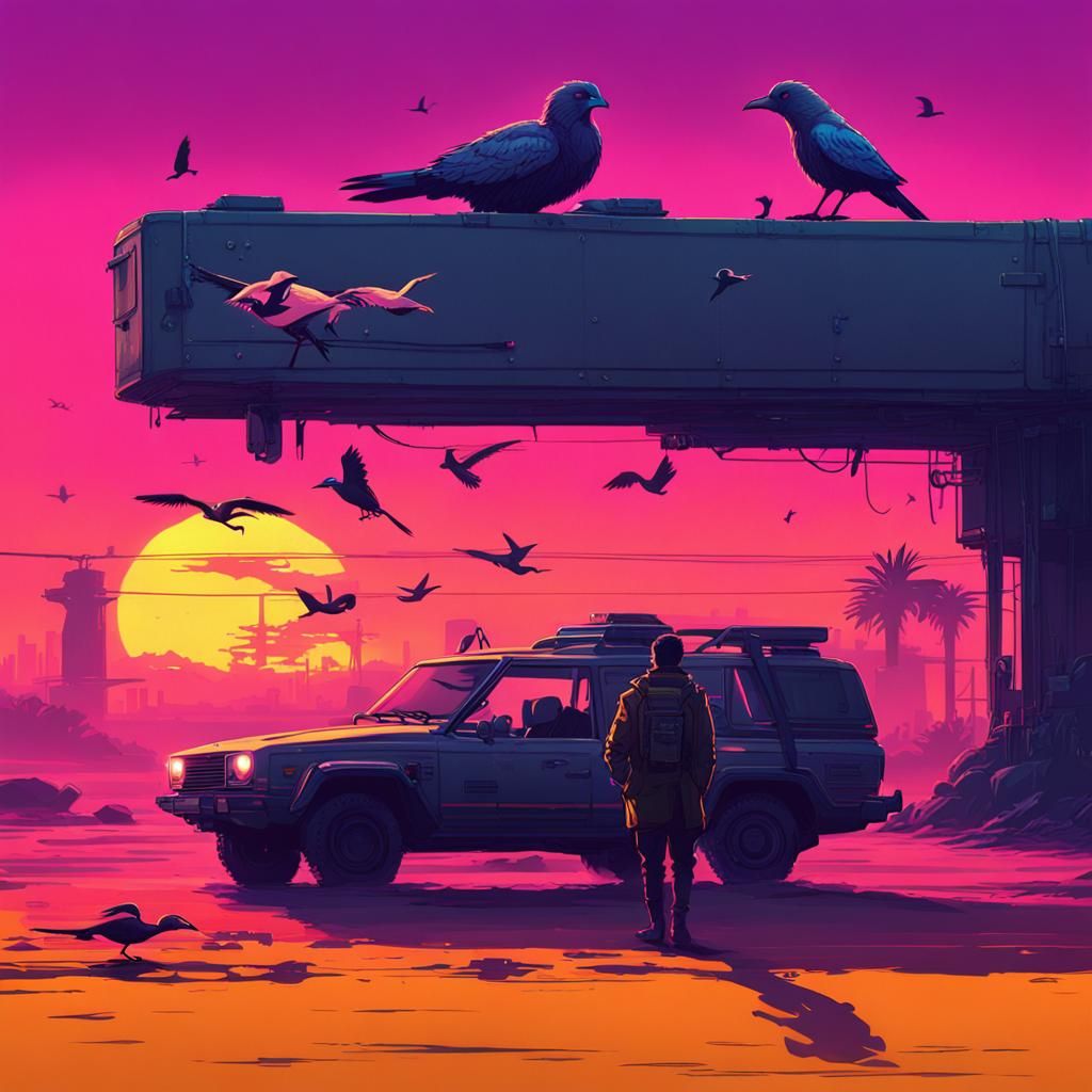Cyberpunk Sunset Safari with Birds