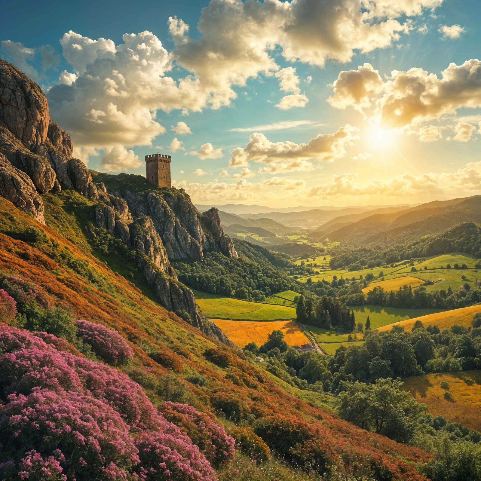 Epic Medieval Landscape with Watchtower on Heathered Hillsid...