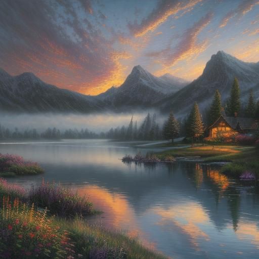 Hyperrealistic Lake at Dusk with Mountain Backdrop