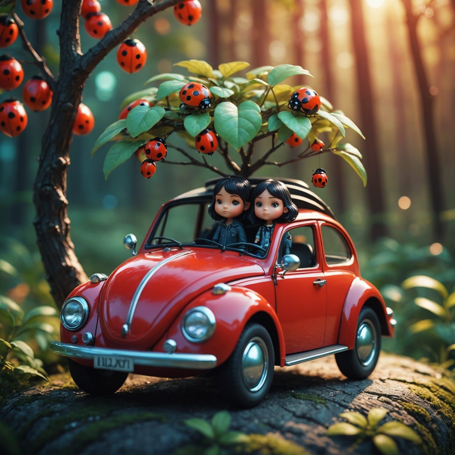 Chibi Creatures in Ladybug Car: Surreal Dreamscape