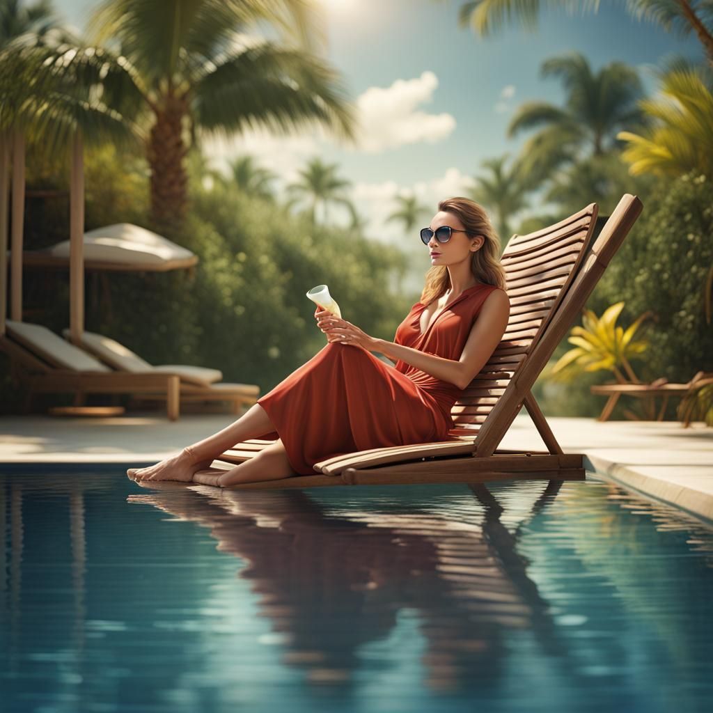 Peaceful Woman Lounging in Tropical Pool: Photorealistic Art