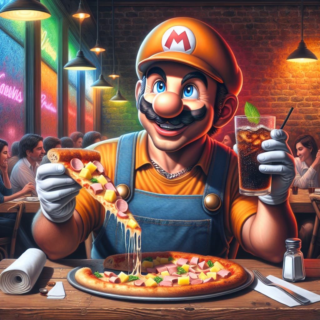 Mario enjoying Pizza Hawaii in His favorite restaurant