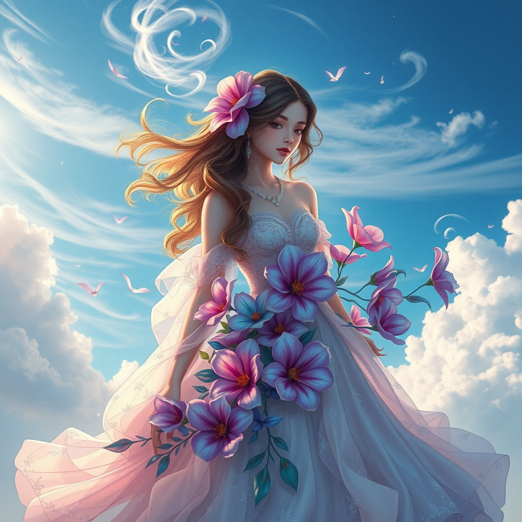 Mystical Flower Girl in Clouds: Fantasy Concept Art