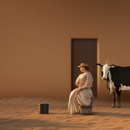 Desert Dairy: Girl Milking Cow in Digital Painting