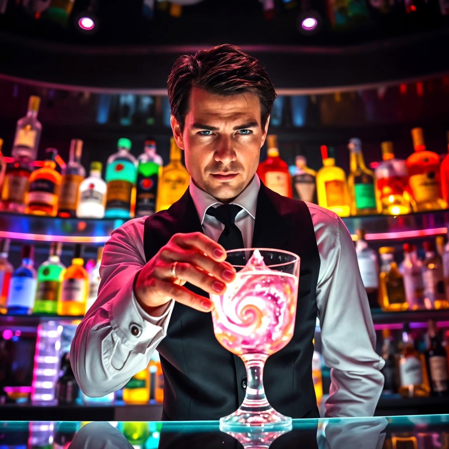 Wide shot low angle of Tom Cruise serving at a cocktail bar ...