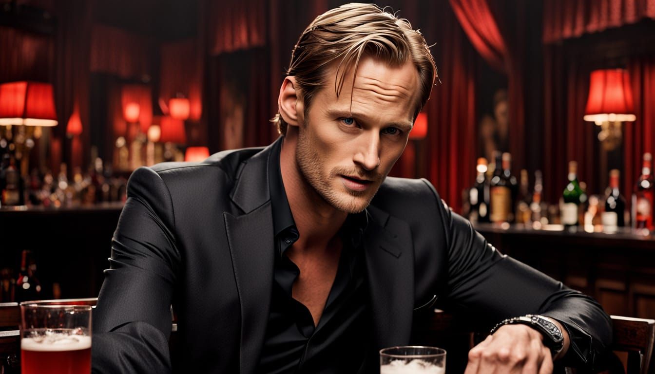 Eric Northman, from "True Blood", drinking beer in a pub