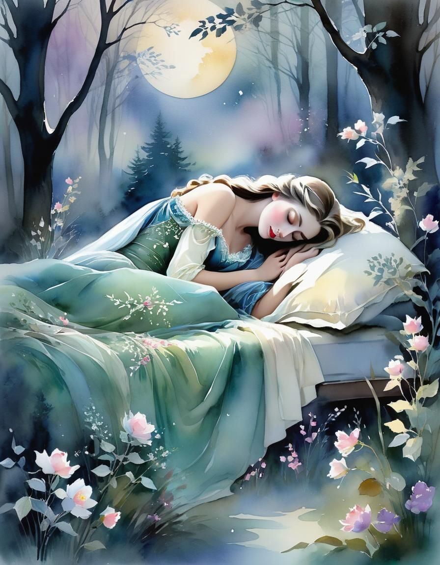 Sleeping Beauty Kissed by Prince in Watercolor Forest