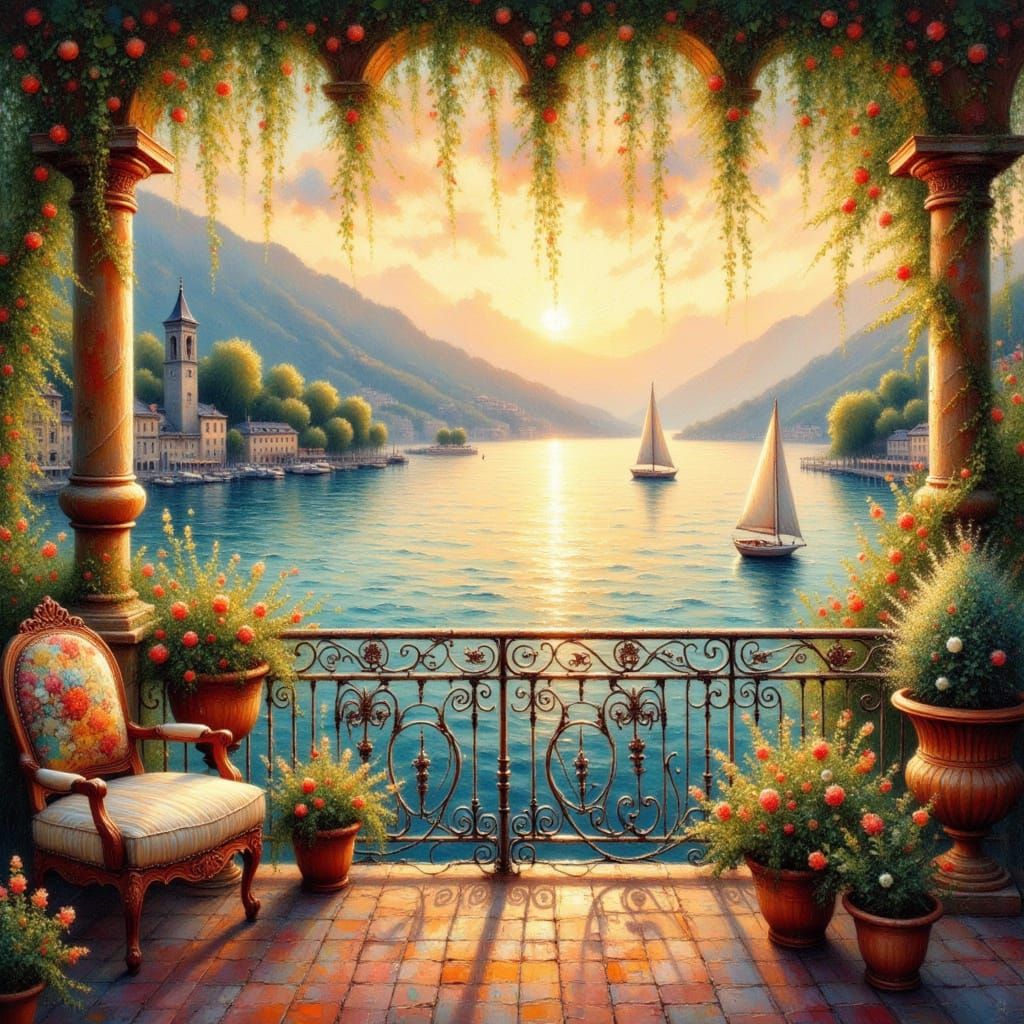 Ethereal Italian Lake Como Sunset in Encaustic Impasto