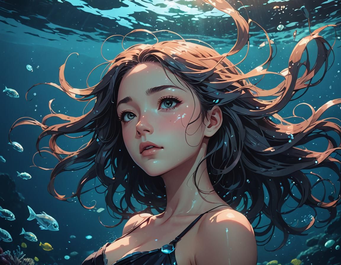 Bioluminescent Descent: Woman Undersea, Anime Style